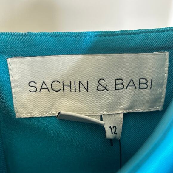 Sachin & Babi Tea length Gown-size 12-teal, metallic sequin lips formal $795 - Picture 7 of 9